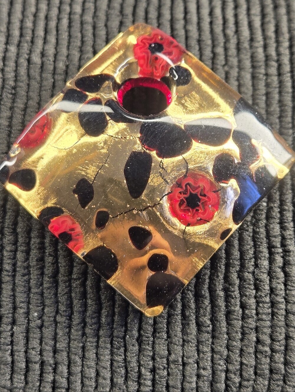 Murano Glass Gold Millefiori Square Pendant 2" Black Red